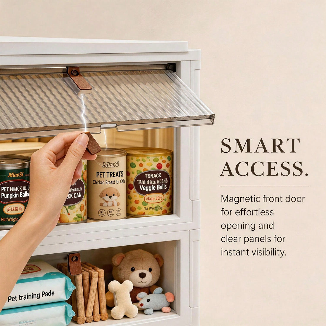 Hand opening the magnetic front door of a storage bin with pet treats