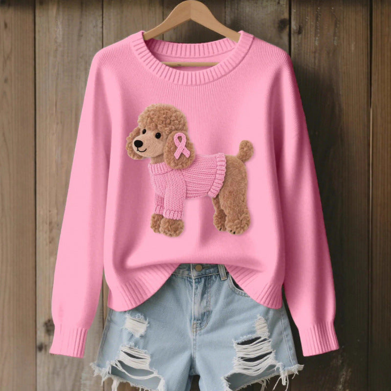 Womens 3D Printed Round Neck Chunky Knit Sweater
