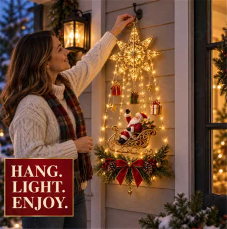 LED Lighted Christmas Tree Wall Hanging Decoration with Wreath Door Ornament