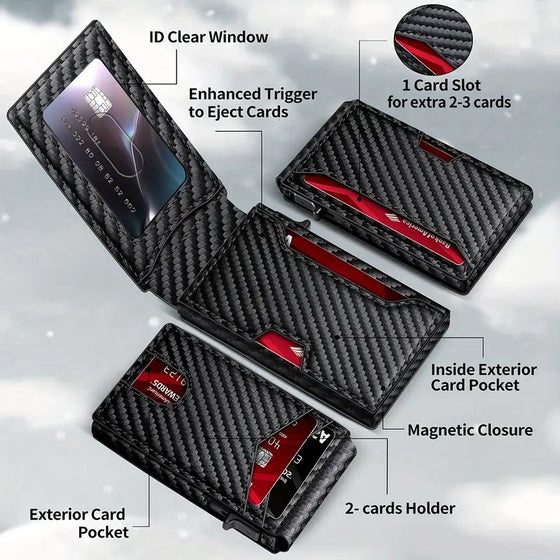 Carbon fiber card holder with labeled features: ID window, eject trigger, card pockets