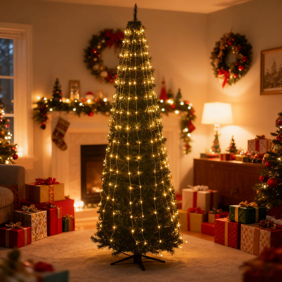 Christmas tree lit with warm white drop strand lights in a living room