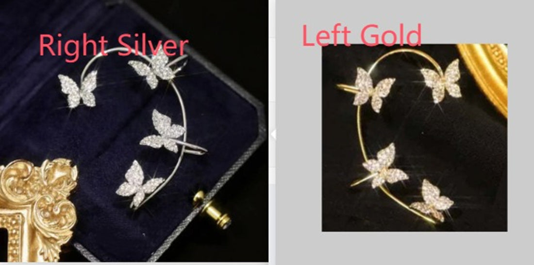 Right silver-tone and left gold-tone butterfly ear cuffs compared