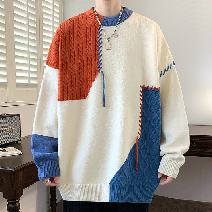 Loose patchwork knit pullover sweater with round neck, photo 2