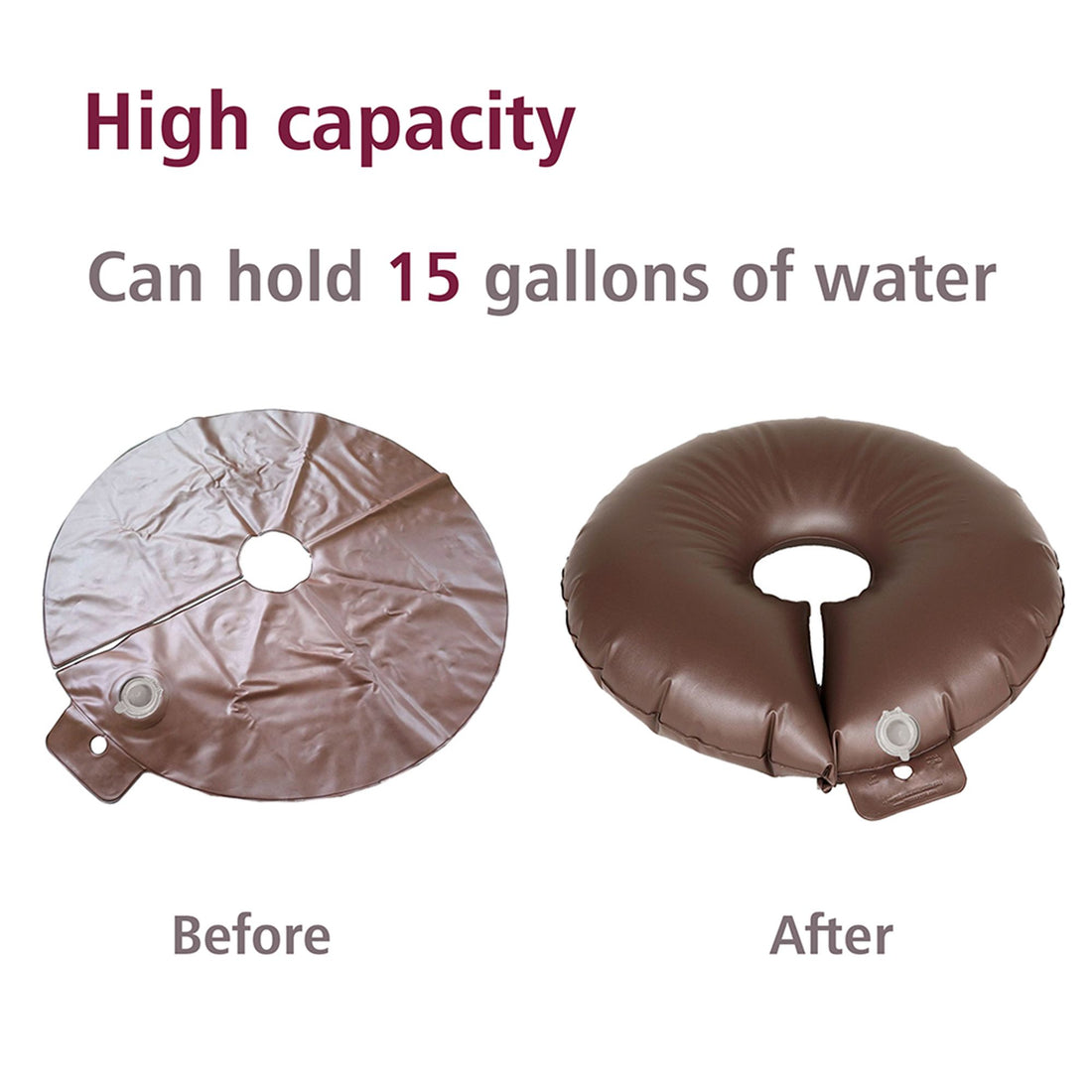 Brown 2-pack slow release tree watering bags wrapped around young tree trunk - close-up detail