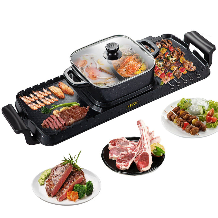 2-in-1 electric grill and hot pot with a smokeless teppanyaki side and simmering hot pot side