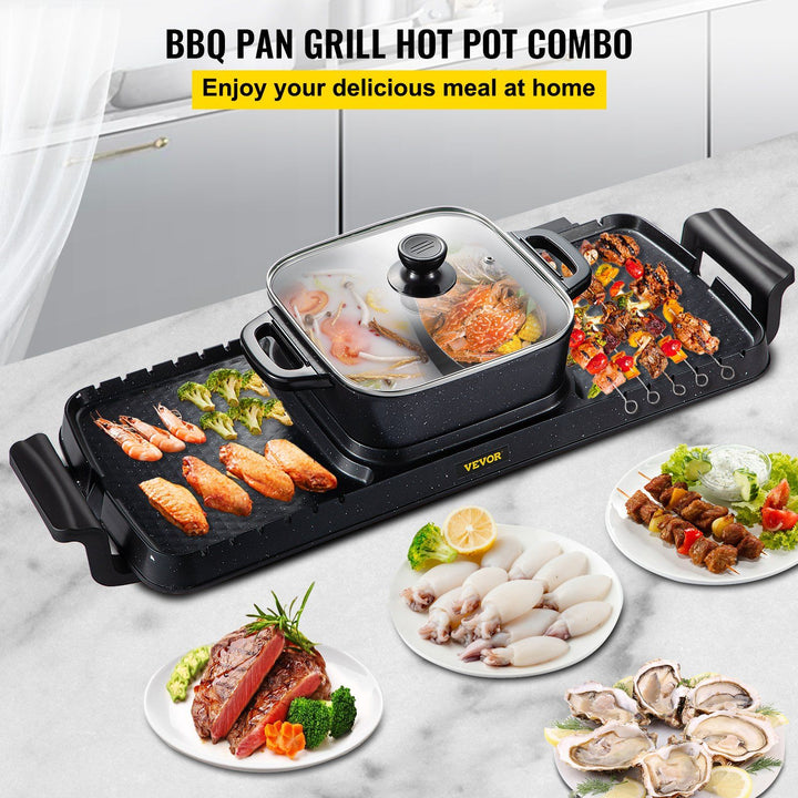Electric grill hot pot shown at an angle to display the dual temperature control dials