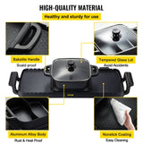 Electric grill hot pot shown from above to show the full divided cooking surface