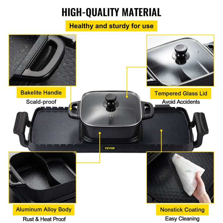 Electric grill hot pot shown from above to show the full divided cooking surface