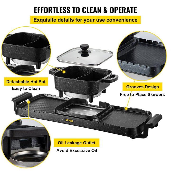 2-in-1 electric grill hot pot shown with its retail packaging