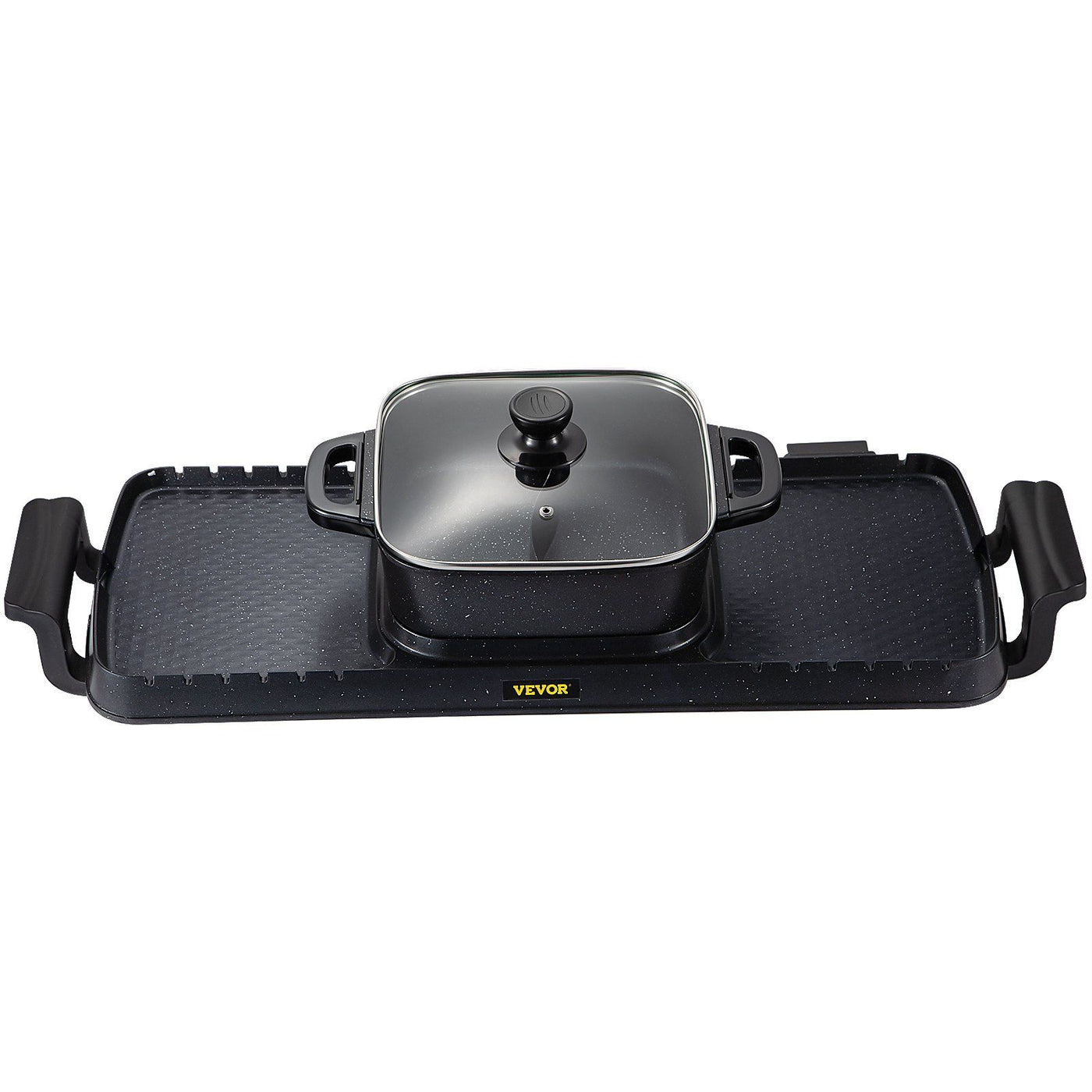 2-in-1 electric grill and hot pot with a divided cooking surface for grilling on one side and simmering broth on the other