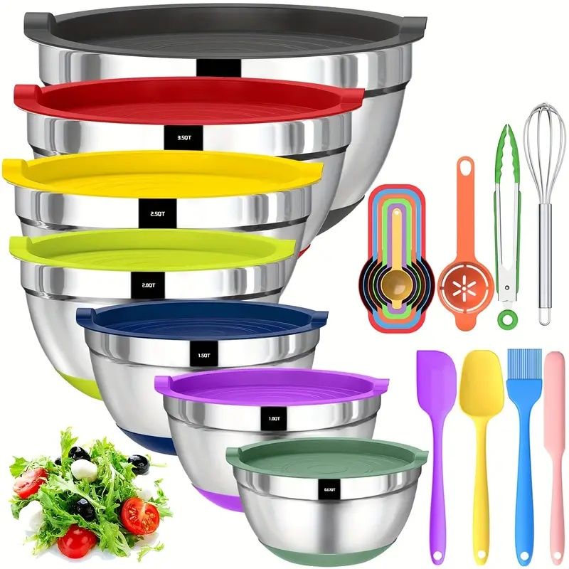 Set of seven nested stainless steel mixing bowls with color-coded silicone lids and non-slip bottoms