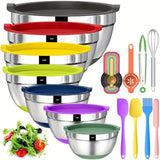 Set of seven nested stainless steel mixing bowls with color-coded silicone lids and non-slip bottoms
