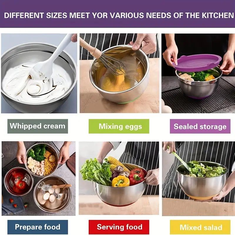 20-piece stainless steel mixing bowls set with nesting design, detail view
