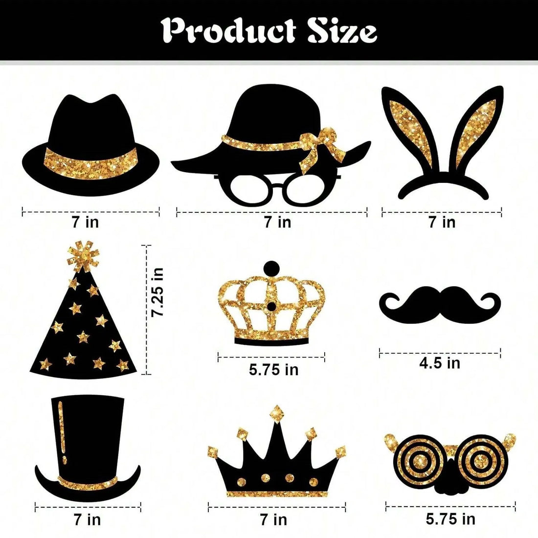 Photo booth prop sizes: top hats 7 in, crowns 5.75 in, mustache 4.8 in