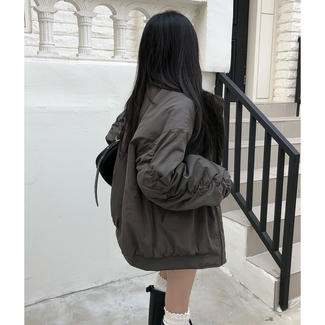 Women's Korean Style Stand-Up Collar Pilot Sleeve Pleated Cotton-Padded Jacket