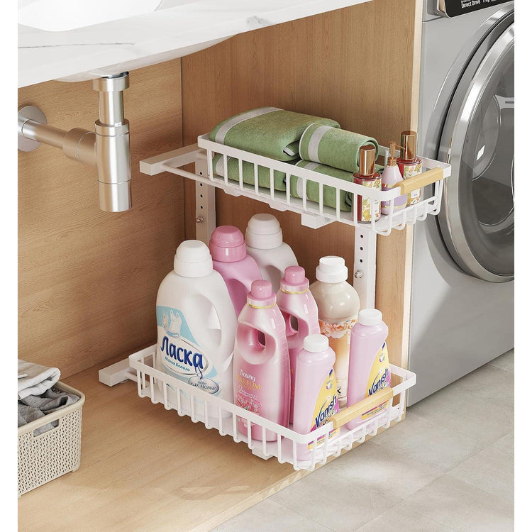 Under sink storage rack installed inside kitchen cabinet