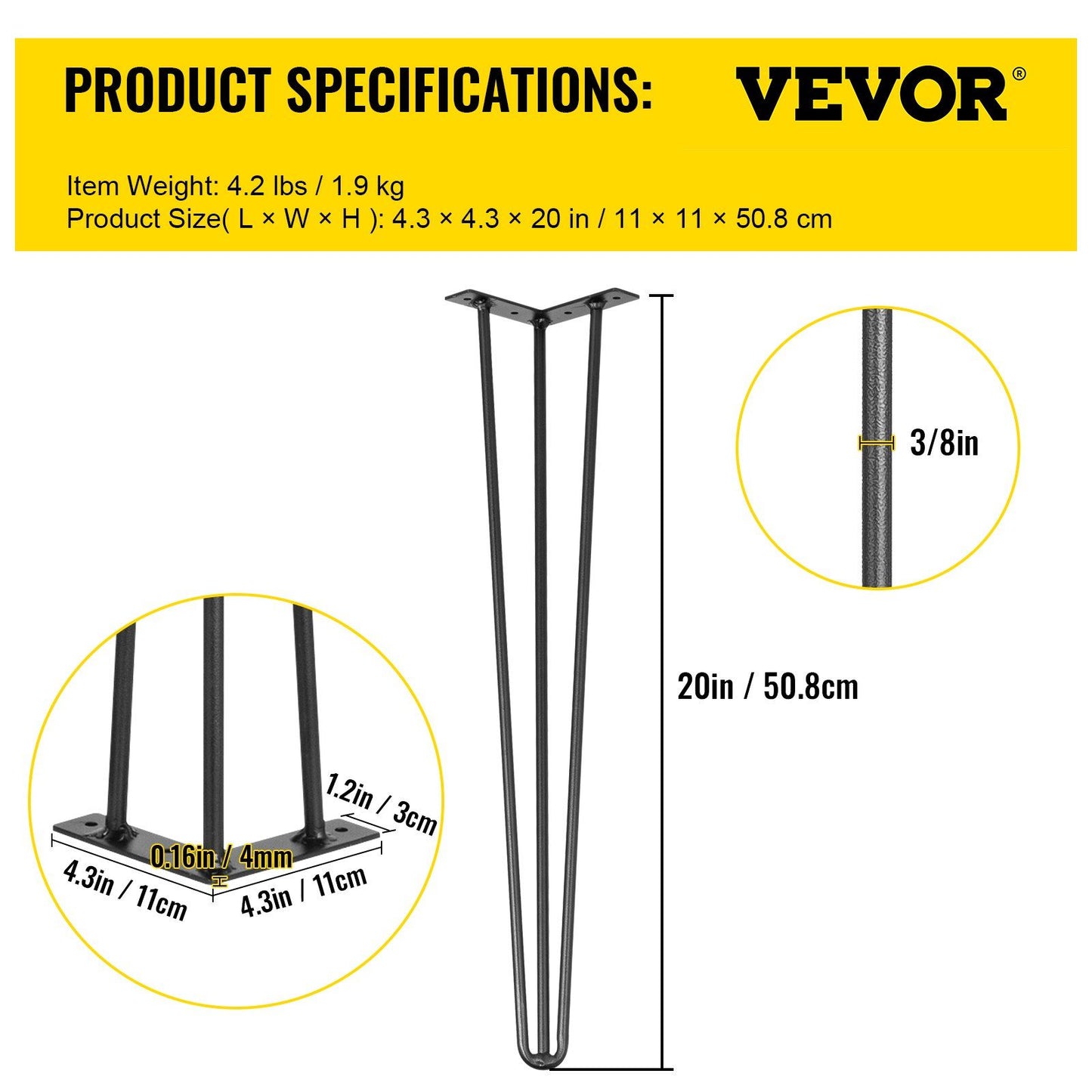 20 Inch Hairpin Table Legs Set of 4 7
