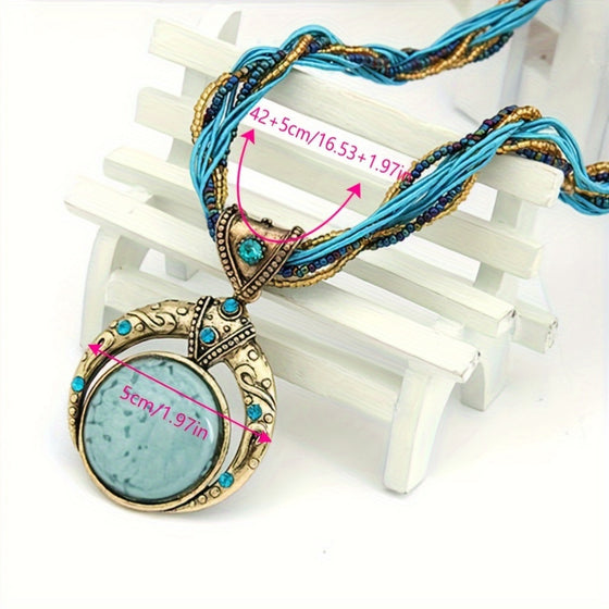 Vintage Braided Rope Pendant Necklace Bohemian Colorful Stone Jewelry