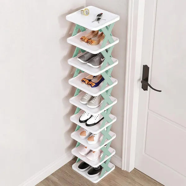 Shoe rack loaded with sneakers and flats across tiers