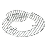 Chrome-plated round cooking grate made of two overlapping hinged wire sections with loop handles for lifting