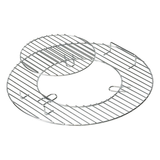 Chrome-plated round cooking grate made of two overlapping hinged wire sections with loop handles for lifting