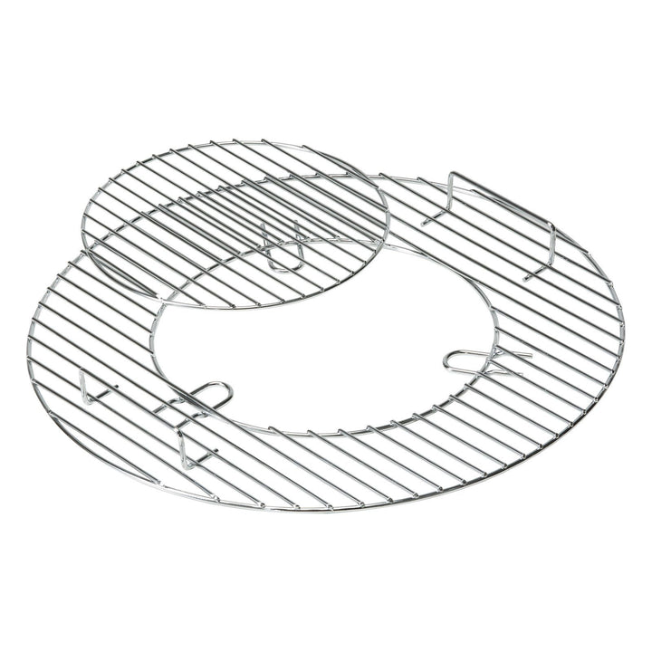 Chrome-plated round cooking grate made of two overlapping hinged wire sections with loop handles for lifting