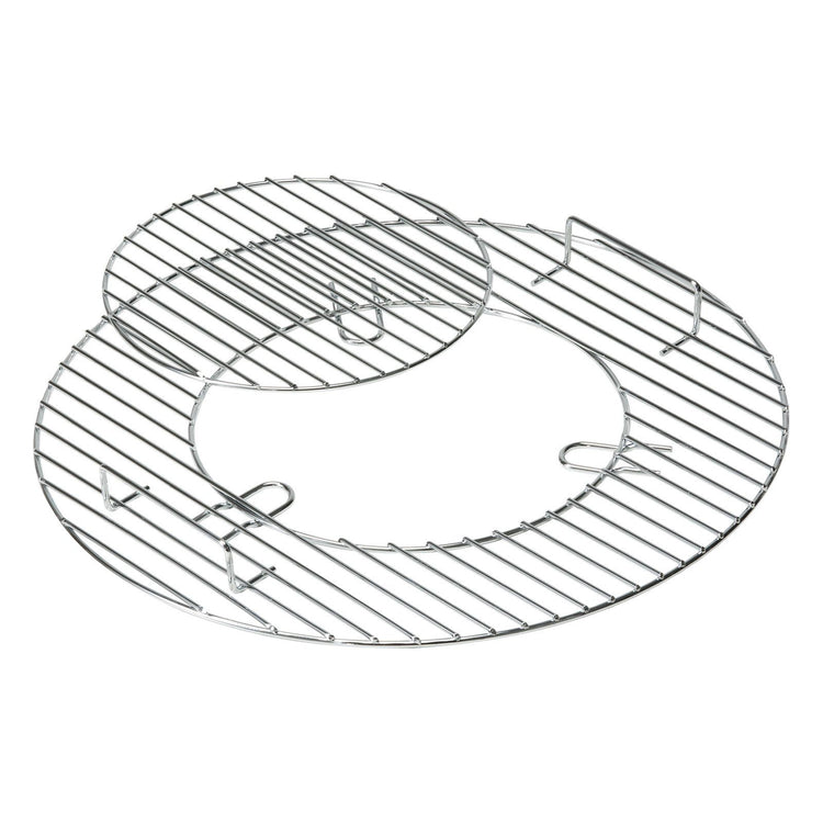Chrome-plated round cooking grate made of two overlapping hinged wire sections with loop handles for lifting