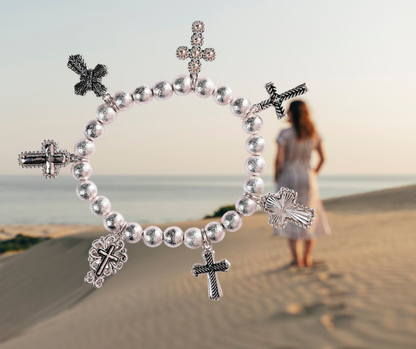 Multi-Cross Silver-Plated Stretch Bracelet