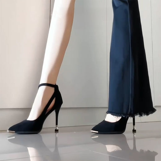 Velvet leather pointed-toe low-heeled high heels