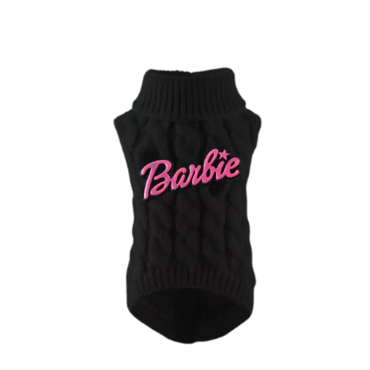 Pink script logo knit turtleneck dog sweater, worn by dog