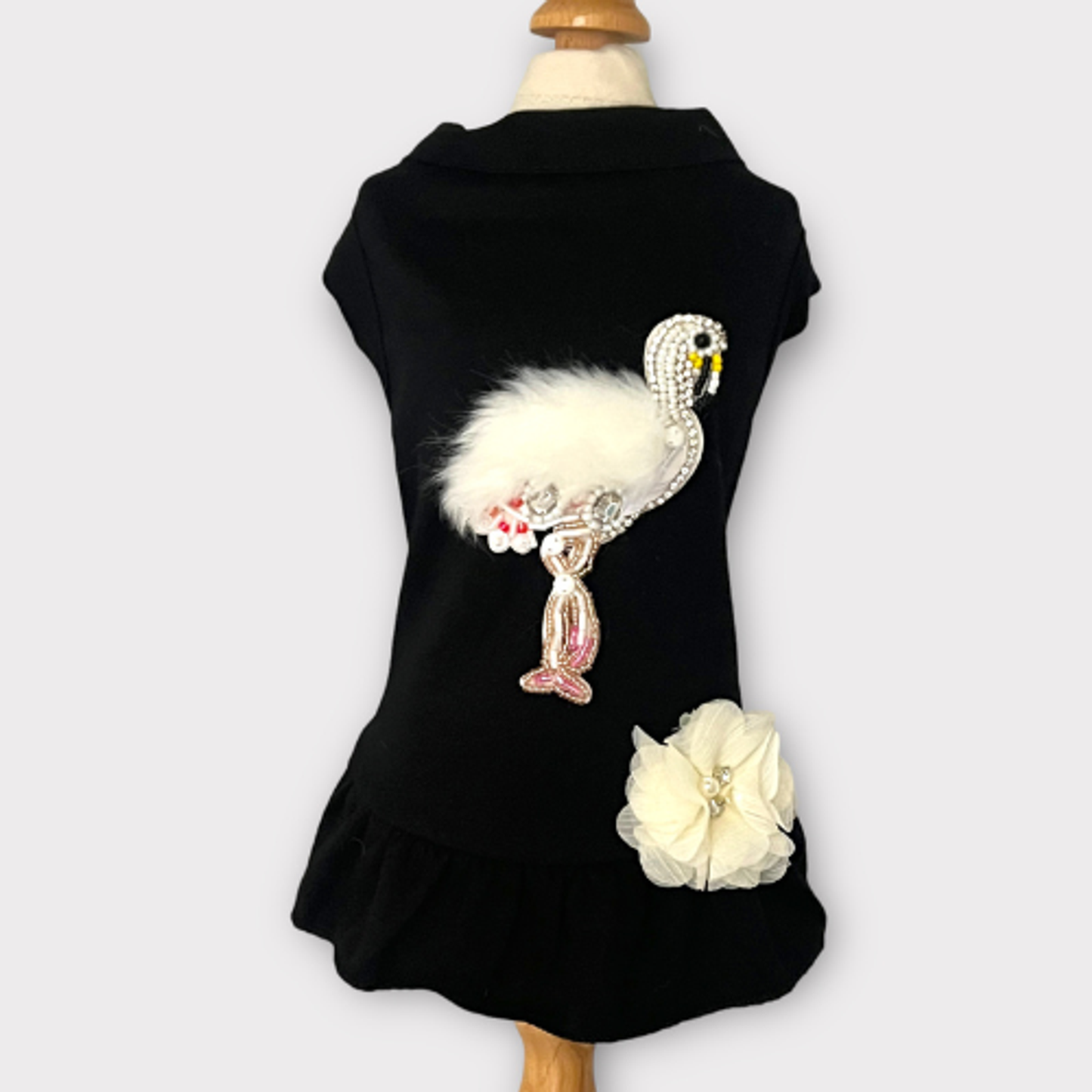 Bark Fifth Avenue Beaded Fur and Rhinestone Flamingo Dog Dress