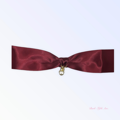 Bark Fifth Avenue Burgundy Satin Bow & Pearl Dog Necklace