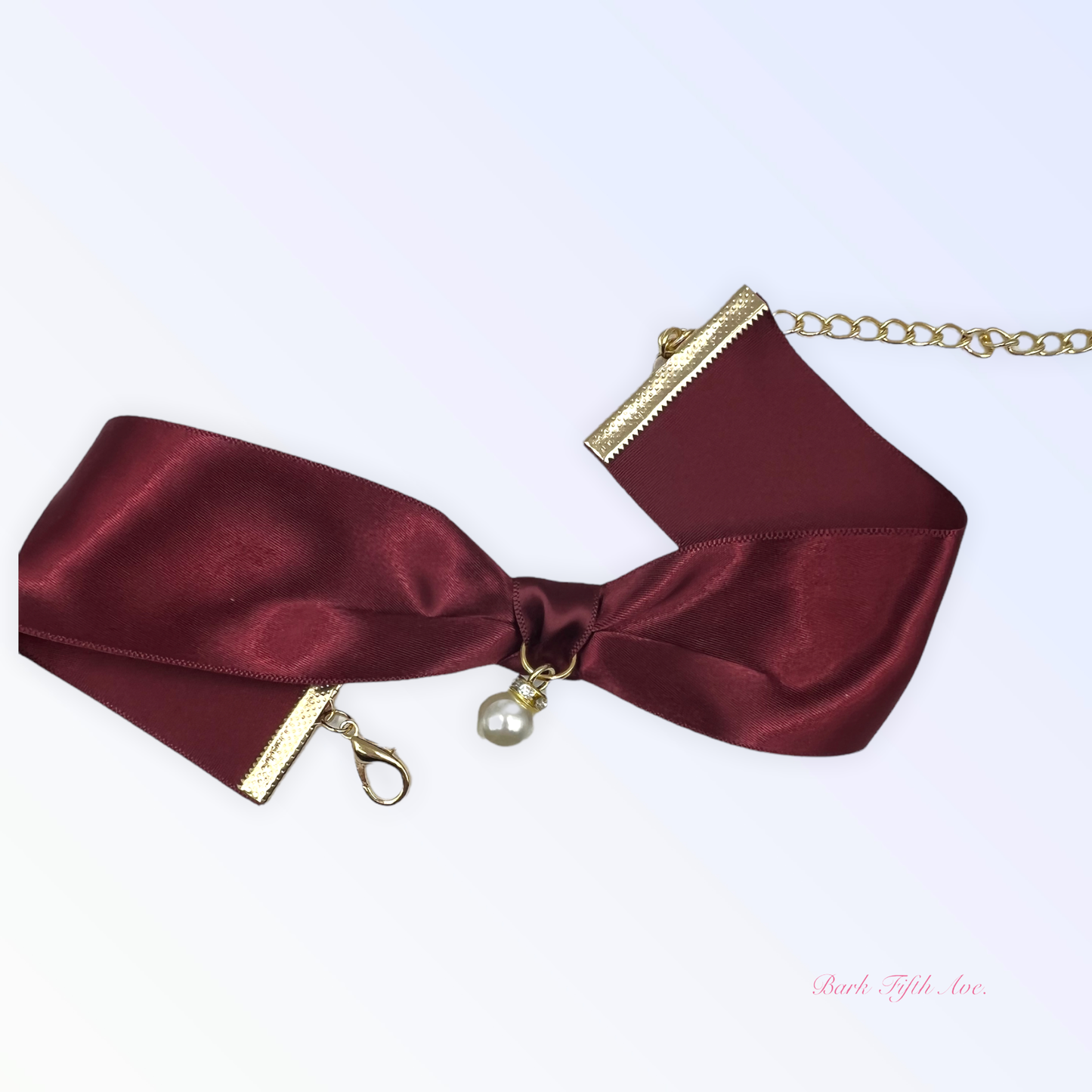 Bark Fifth Avenue Burgundy Satin Bow & Pearl Dog Necklace