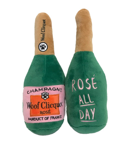 Rose Champagne Bottle plush dog toy, label detail