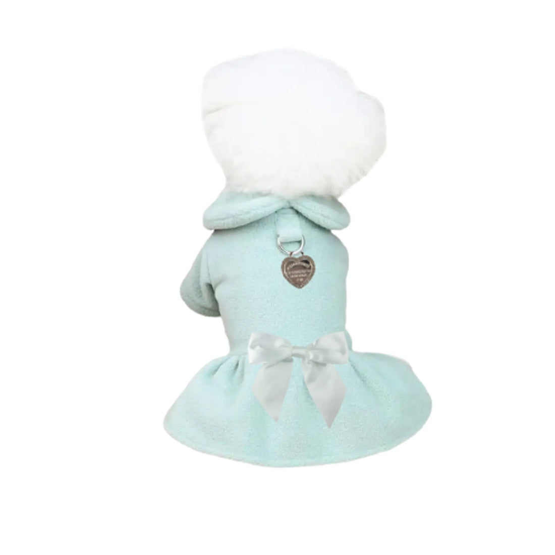 Dog wearing the Cozy Heart Charm dress, standing