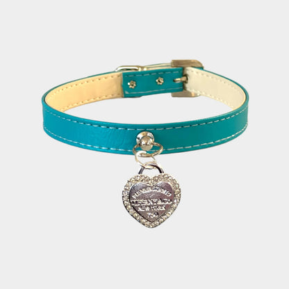 Dog wearing the Rhinestone Heart Charm collar, side