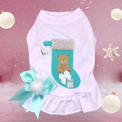 Dog wearing the Bear Stocking dress, sitting