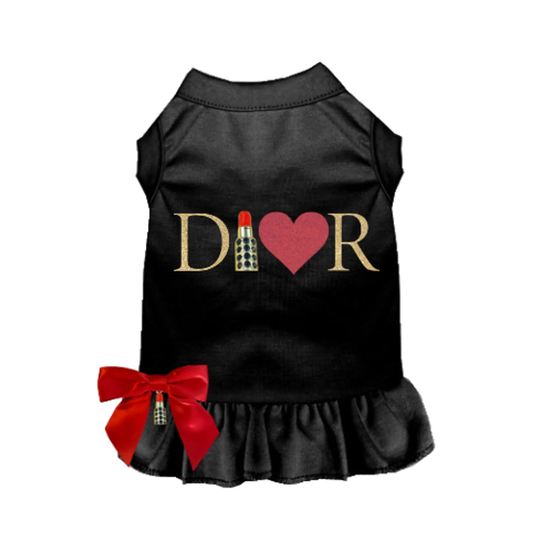 Ruffle hem sleeveless dog dress worn by small dog