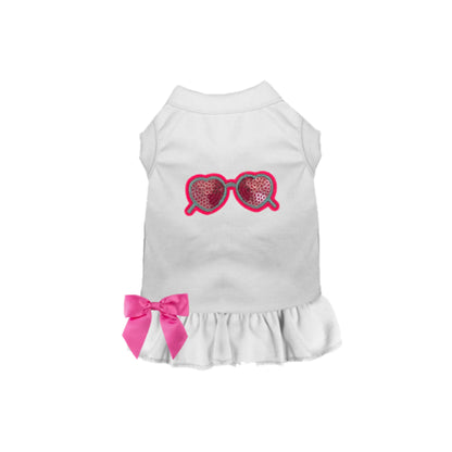 Sequin heart sunglasses ruffle dog dress, close-up of applique