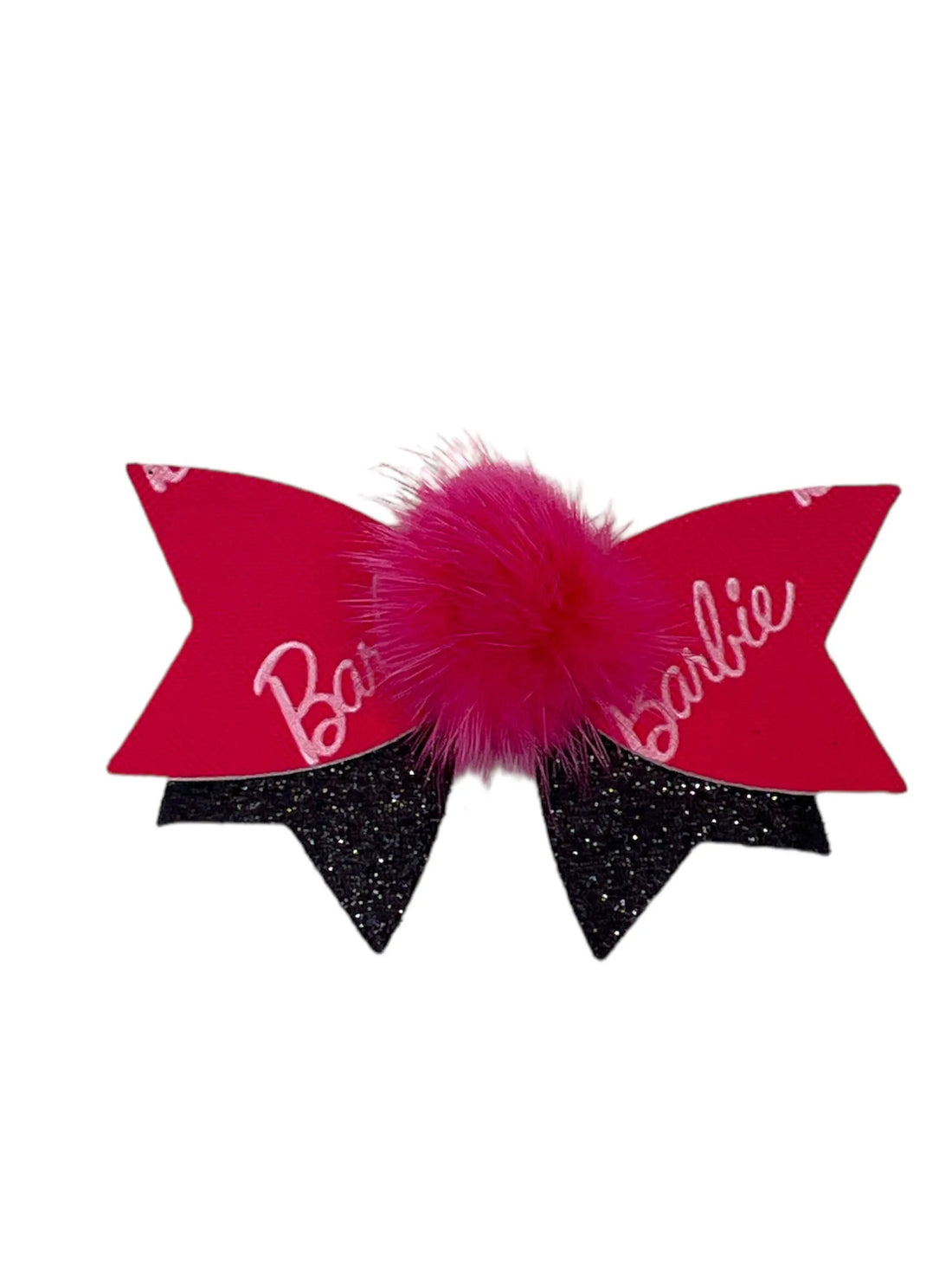 Pink and black glitter mink pompom dog hair bow, view 3