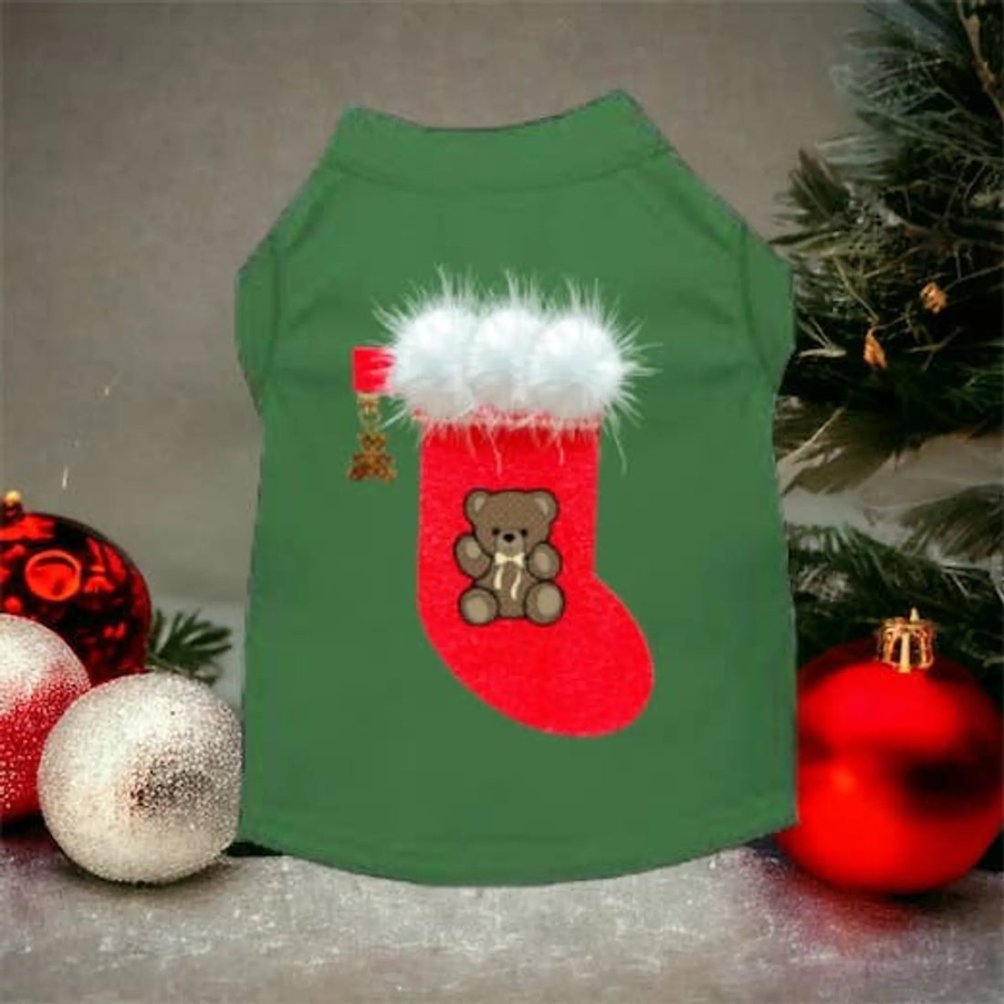 Christmas stocking bear dog shirt, front view on dog