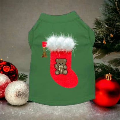 Christmas stocking bear dog shirt, front view on dog