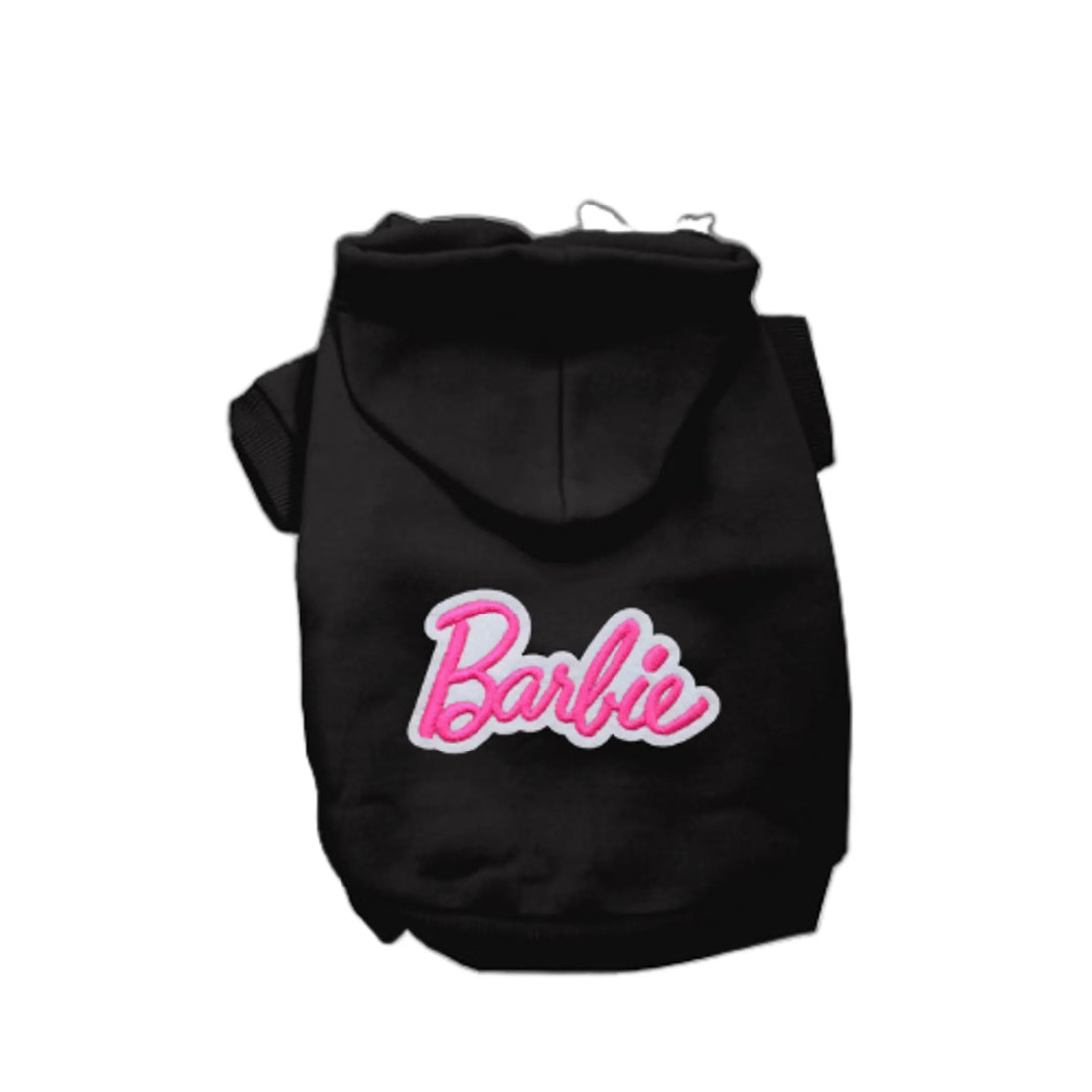 Dog wearing black hoodie with pink script graphic