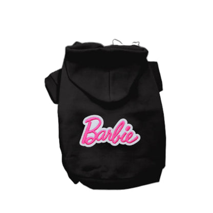 Dog wearing black hoodie with pink script graphic, size 2