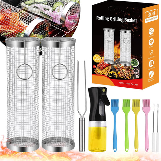 Rolling BBQ grill basket stainless steel full view