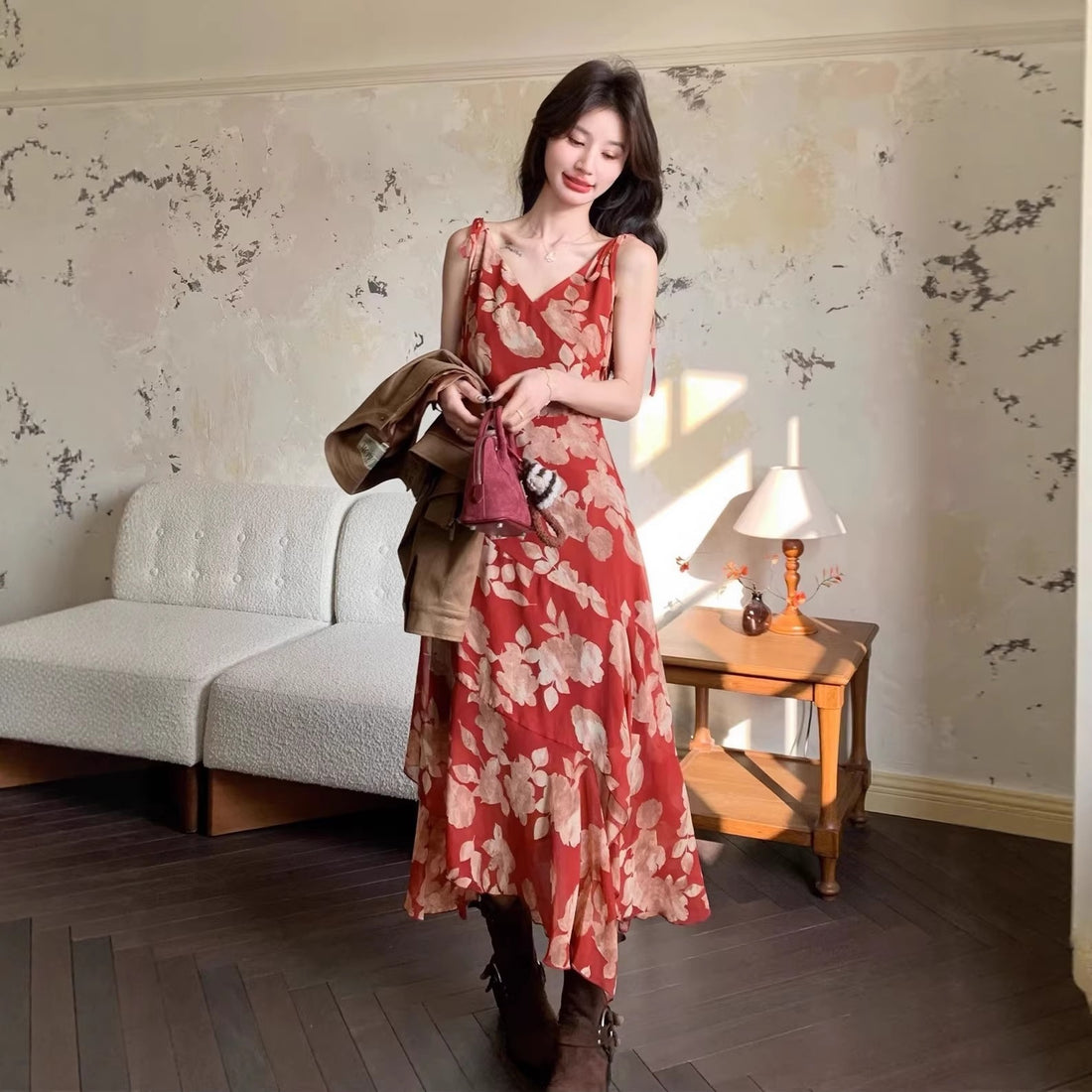 red floral dress