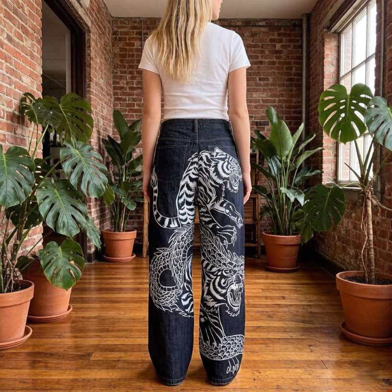 Y2K Dragon Tiger Print Drawstring Denim Pants