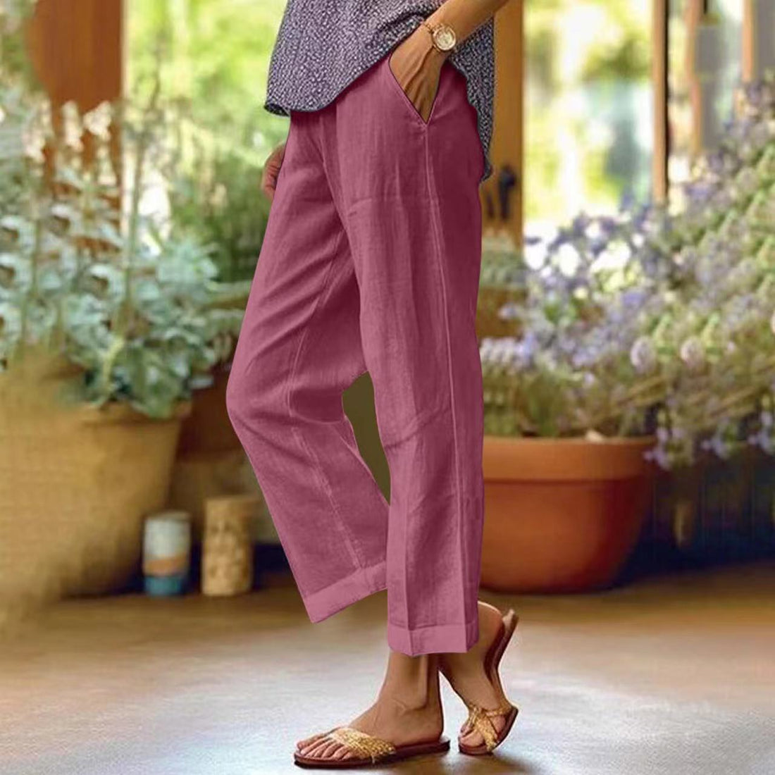 Elastic-waist straight-leg casual pants with pockets
