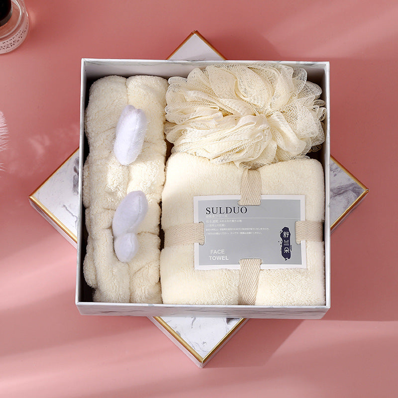 Soft Coral Velvet Towel Gift Set, Three-Piece with Hair Band and Bath Ball