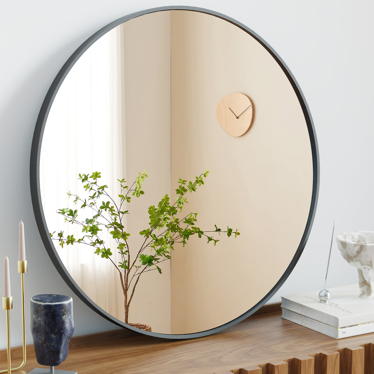 20 Inch Black Circular Wall Mirror for Home Decor
